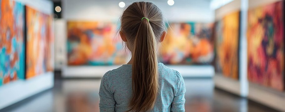 young girl with ponytail and light blue shirt standing in a bright modern art gallery viewing large colorful abstract paintings on the walls with curiosity and quiet wonder