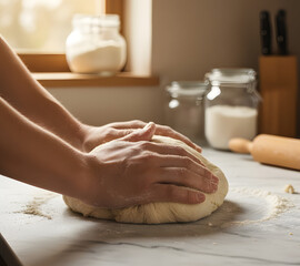 Woman kneading dough on marble countertop for baking preparation at home