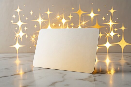 Luxurious blank card template glowing with festive golden sparkles on a reflective surface, perfect for gifts, rewards, or special promotions