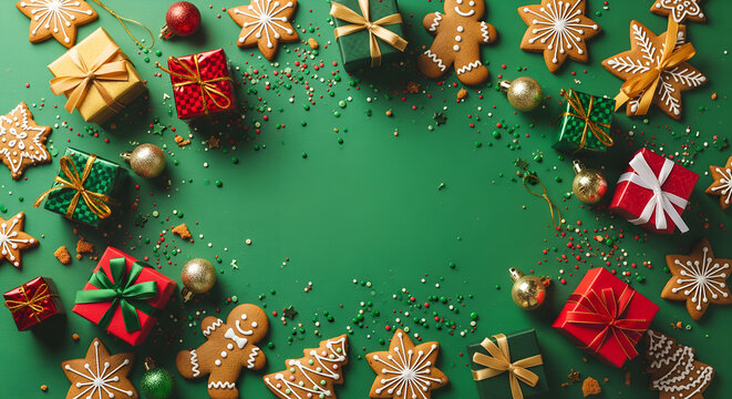 Christmas Holiday Background with Gifts, Gingerbread Cookies on Green - Powered by Adobe