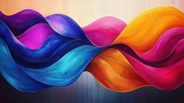 Flowing multicolored ribbon waves in vibrant blues, purples, pinks and oranges with silky layered curves, an abstract painting evoking motion, energy and harmony