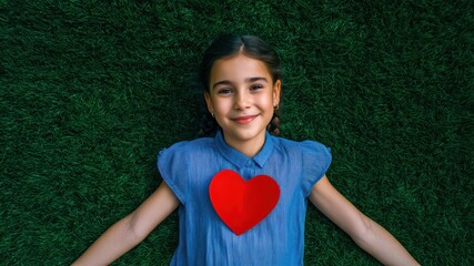 Smiling girl child heart grass innocence happiness concept joy summer nature