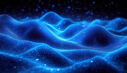 Glowing blue undulating particle waves like a digital seascape beneath a starry field, evoking serene futuristic wonder