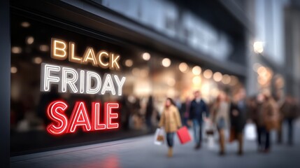 Modern store front with vibrant Black Friday sale sign, bustling shoppers carrying bags, capturing the excitement of holiday shopping atmosphere