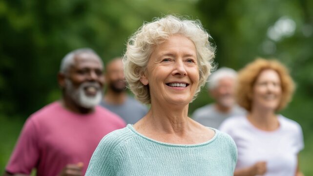 Smiling senior woman active lifestyle outdoor fitness healthy aging group exercise walking together sunny day green park casual clothing positive mood. Smiling senior woman enjoys outdoor fitness