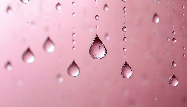 close-up of hanging water droplets on glass with soft pink background, delicate reflective tear shapes and a dreamy calm mood