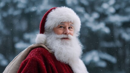 Santa Claus red suit white beard fur hat winter snow festive season holiday cheer Christmas tradition joyful elder sack portrait snowy forest magical mood twinkle soft light outdoor cold weather