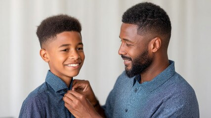 Smiling father son bedroom morning shirt collar bonding family grooming tender moment. Caring parent buttons boy shirt with gentle focus and soft light warm connection everyday routine joyful home