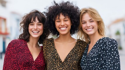 Smiling friends young women city street daytime natural light candid joyful urban casual clothing portrait. Three multicultural friends share laughter sunny city street, warm smiles and relaxed