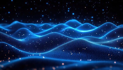 Glowing blue particle wave landscape with rolling digital hills and floating lights, evoking serene wonder