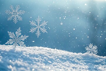 Sparkling Snowflakes on Fresh Snow with a Dreamy Blue Bokeh Background, Evoking a Serene Winter Wonderland Atmosphere