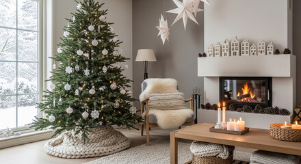 Beautiful christmas tree stands elegantly in a cozy living room with a fireplace creating a warm and inviting holiday atmosphere for family gatherings