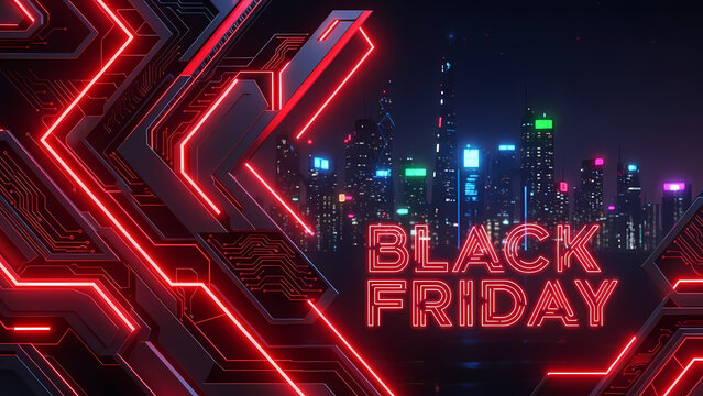 A futuristic cityscape glows with neon lights, celebrating Black Friday amidst a technological circuit board design, perfect for promotions.