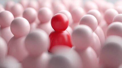 Red figure stands out among a crowd of pink figures, symbolizing choice and individuality in a chaotic scene of selection and decision-making