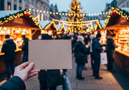 Hand holding blank cardboard sign at festive christmas market with blurred crowd and bright holiday lights