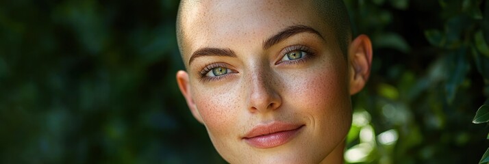 partial portrait with scalp and ears framed at edges of a central vertical panel, surrounded by dense green leaves, evoking calm curiosity