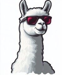 Naklejka premium confident white llama wearing dark framed sunglasses with pink lenses smiling playfully against a white background
