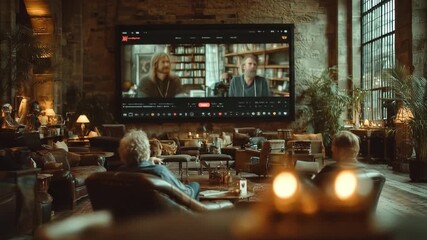 People watching a video conference on a large screen indoors