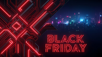 A futuristic Black Friday promotion showcases a neon city skyline with digital circuit board elements, creating a tech-infused shopping experience.