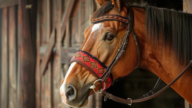 Brown horse wearing decorated bridle stands by wooden barn door