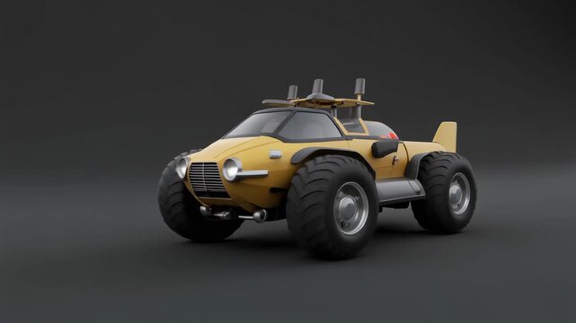Stylized yellow off-road buggy with large tires on a dark background.