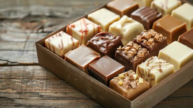 Assorted chocolate candies in gift box on wooden surface