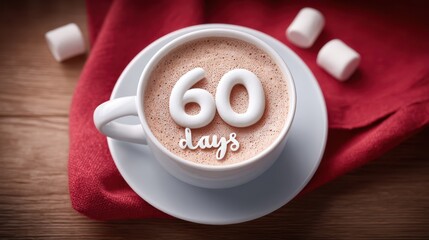 Cup of hot cocoa topped with marshmallow 60 days till Christmas, on a red napkin, creating a cozy and inviting atmosphere for winter celebrations