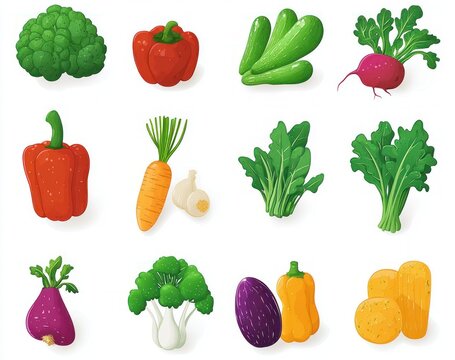 playful colorful collection of fresh vegetables on white background featuring broccoli, red and yellow bell peppers, zucchini, radish, carrot, garlic, leafy greens, eggplant and squash