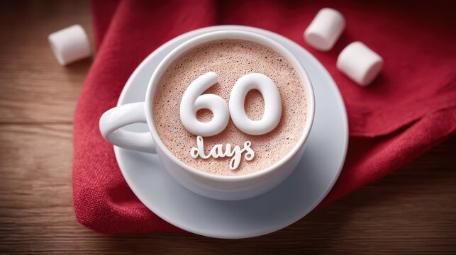 Cup of hot cocoa topped with marshmallow 60 days till Christmas, on a red napkin, creating a cozy and inviting atmosphere for winter celebrations