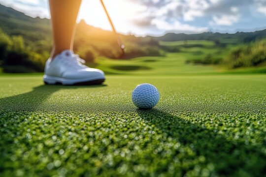 Close-up of a golf ball on a sunlit putting green with a golfer's shoe and putter nearby, warm sunrise light over rolling hills and distant mountains, calm focused anticipation