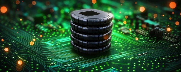 stack of dark circular data tokens resting on a glowing green circuit board with illuminated traces and warm bokeh lights, conveying futuristic energy and digital innovation