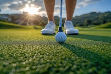Close-up view of a golf ball and putter on a sunlit putting green with a golfer's shoes and distant hills, calm focused anticipation at sunrise