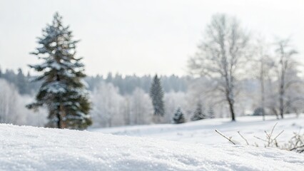 Fototapeta premium Beautiful snowy landscape with pine trees and soft white snow in the foreground