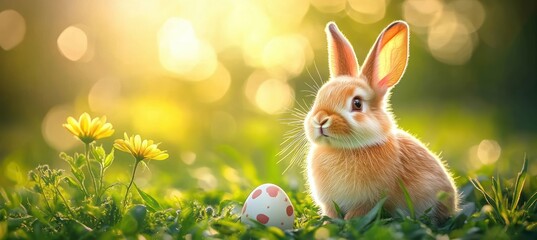 fluffy brown rabbit sitting in sunlit green grass beside a white spotted egg and yellow wildflowers, soft golden bokeh conveying peaceful curiosity and warmth
