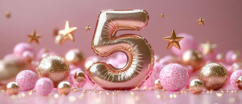 rose gold metallic balloon shaped like the number five surrounded by pink and gold confetti spheres and floating gold stars on a soft pink background, festive and joyful