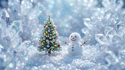 A miniature Christmas tree and a smiling snowman stand in a sparkling winter wonderland surrounded by ice crystals and falling snow.
