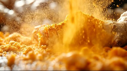 Grated Ginger Root with Turmeric Powder in Kitchen