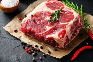 Fototapeta premium Raw marbled beef steak on brown parchment with coarse salt, mixed peppercorns, rosemary sprig and red chili peppers on dark slate, fresh appetizing rustic mood