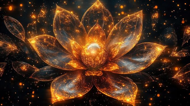 glowing golden lotus with metallic iridescent petals and a luminous central orb, surrounded by floating sparks and particles on a dark background evoking mystical serenity and awe