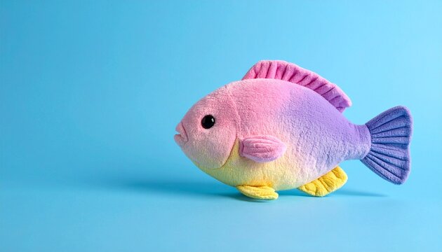 Colorful plush fish toy with gradient pink, purple, and orange hues on light blue background.