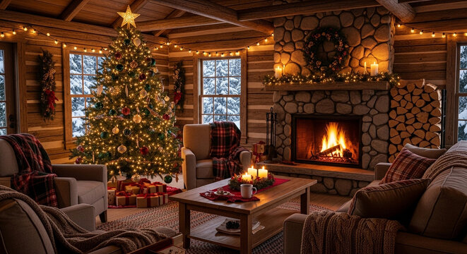 Cozy christmas cabin interior with a decorated tree fireplace and snow outside the windows creating a warm and inviting holiday atmosphere for family