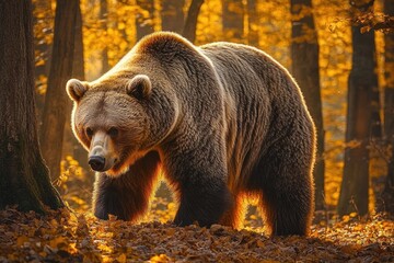 Fototapeta premium majestic brown bear walking through a sunlit autumn forest with fallen leaves and tall trees, warm golden backlight conveying calm strength and quiet presence