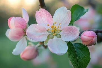 Obraz premium delicate pink and white apple blossom with buds and green leaf, soft spring light evoking calm and gentle beauty
