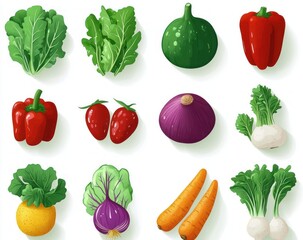 top-down grid of fresh produce showing leafy greens, round green squash, red bell peppers, strawberries, purple onion, white turnips, golden beet, kohlrabi and carrots — vibrant and cheerful
