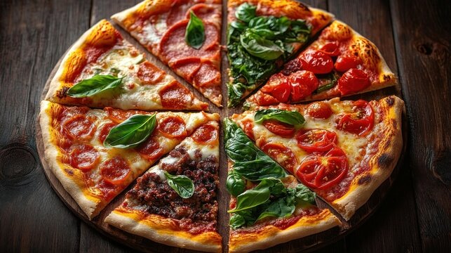 assorted sliced pizza with pepperoni, fresh basil, roasted tomatoes, spinach and seasoned ground meat on wooden board, appetizing rustic meal
