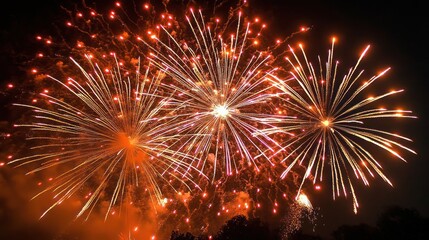 Three large golden fireworks bursting above a silhouetted treeline at night, creating a dazzling, celebratory display of sparks and light