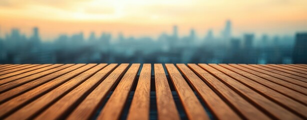 Warm wooden deck with parallel planks overlooking a blurred city skyline at sunset, evoking a calm and serene atmosphere
