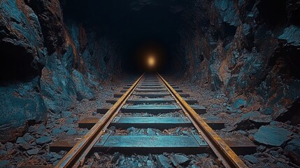 rusty rail tracks through a rocky underground tunnel leading to a distant warm light, eerie suspenseful atmosphere and deep sense of isolation