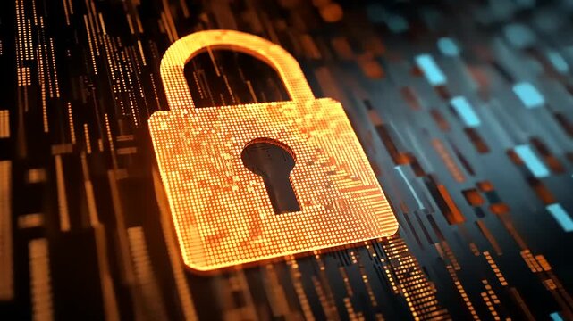 Digital lock symbolizing cybersecurity on a vibrant background of data streams and binary code