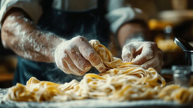 hands dusted with flour shaping fresh tagliatelle pasta on a floured countertop, warm artisanal kitchen scene conveying focused craftsmanship and comforting homemade cooking